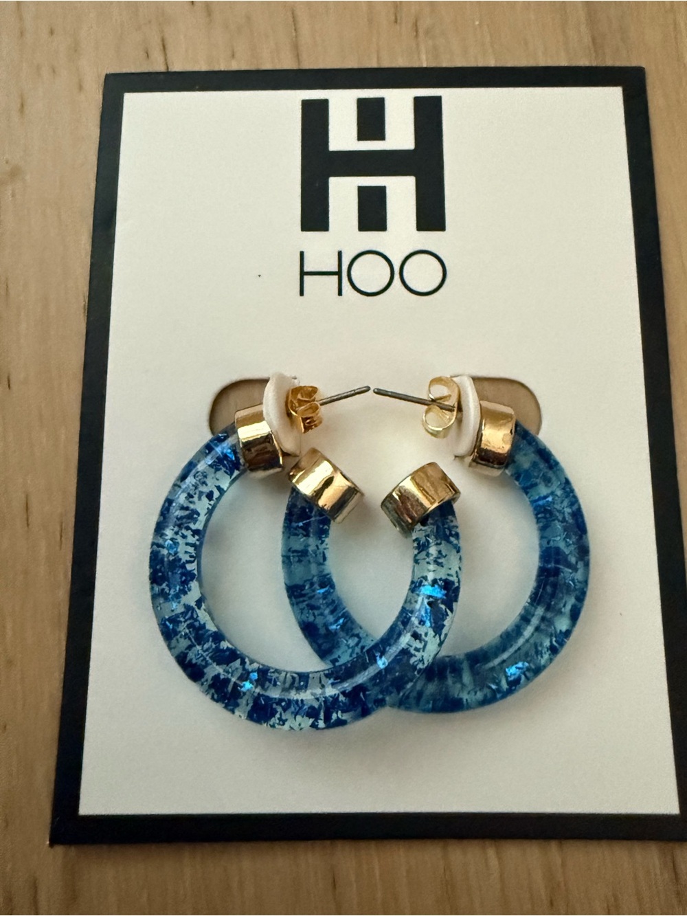 Blue Glitter Hoop Earrings with Gold Accents